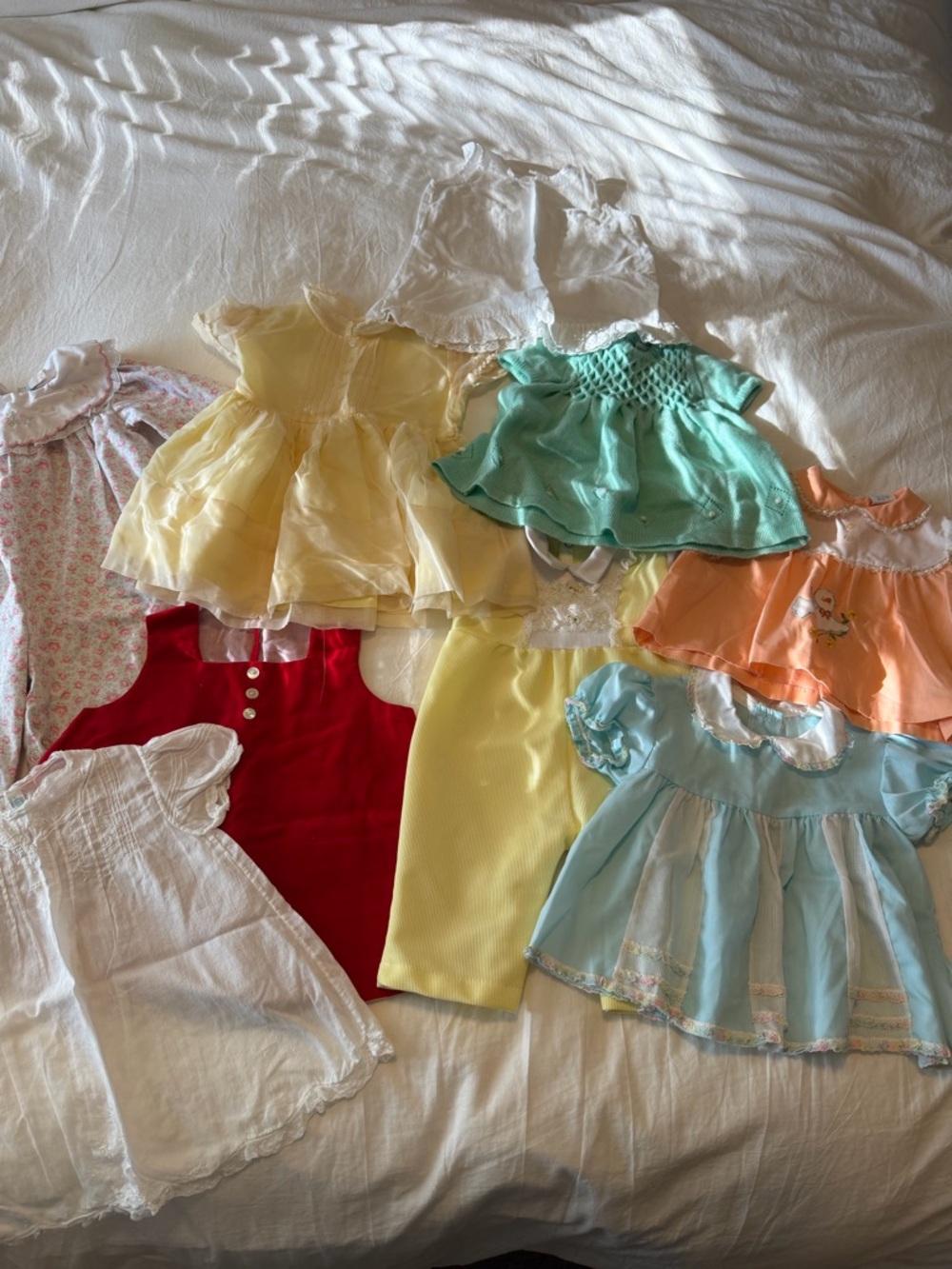 Mixed Vintage Baby Girl Dress Lot - Yellow, Mint, Peach, Light Blue, Red, White